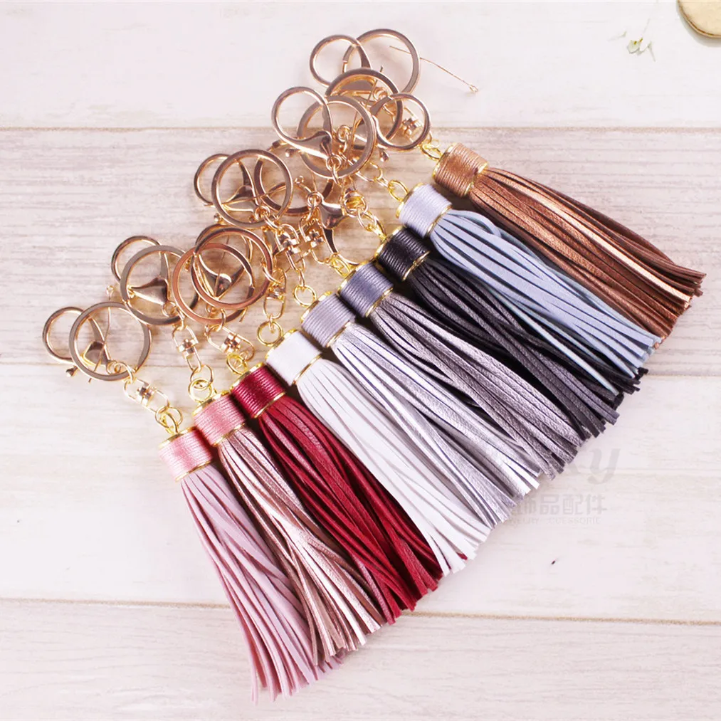 Women Fashion Solid Color Wax Line Alloy Gift Leather Tassel Car Keychain