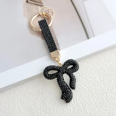 Women Fashion Creative Solid Color Rhinestone Ribbon Bow Keychain