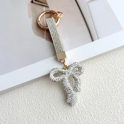Women Fashion Creative Solid Color Rhinestone Ribbon Bow Keychain