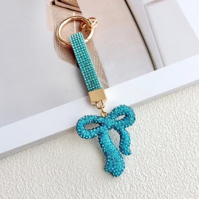 Women Fashion Creative Solid Color Rhinestone Ribbon Bow Keychain
