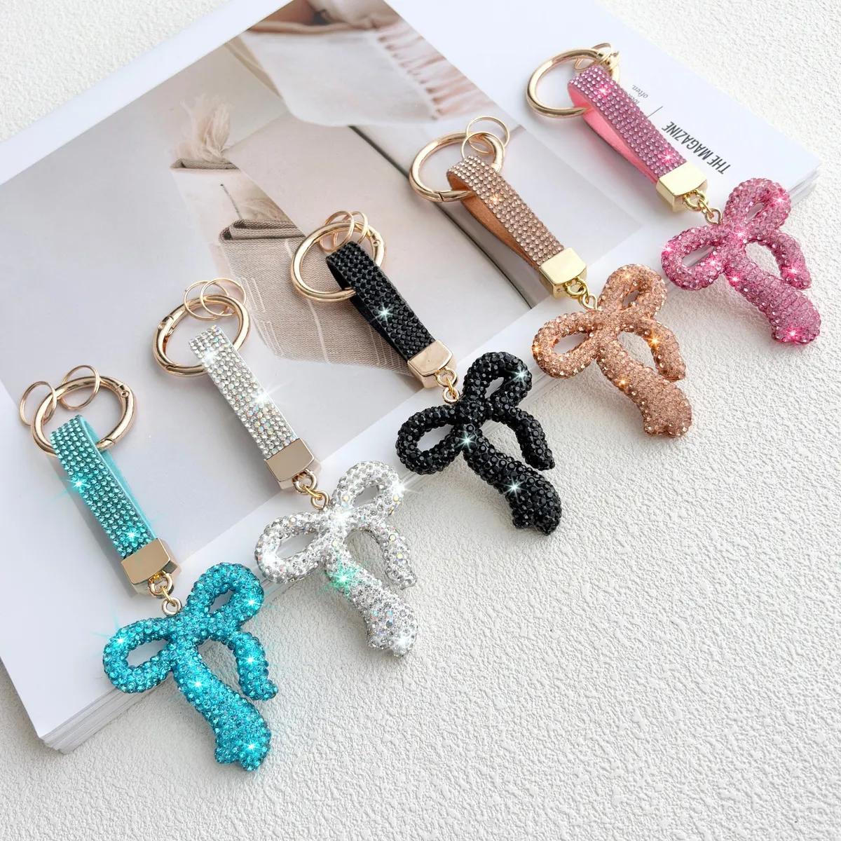 Women Fashion Creative Solid Color Rhinestone Ribbon Bow Keychain