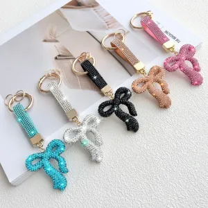Women Fashion Creative Solid Color Rhinestone Ribbon Bow Keychain