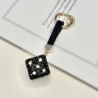 Women Fashion Creative Rhinestone Encrusted Clay Dice Pendant Keychain