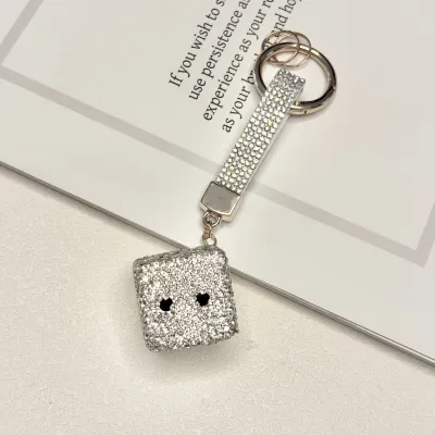 Women Fashion Creative Rhinestone Encrusted Clay Dice Pendant Keychain