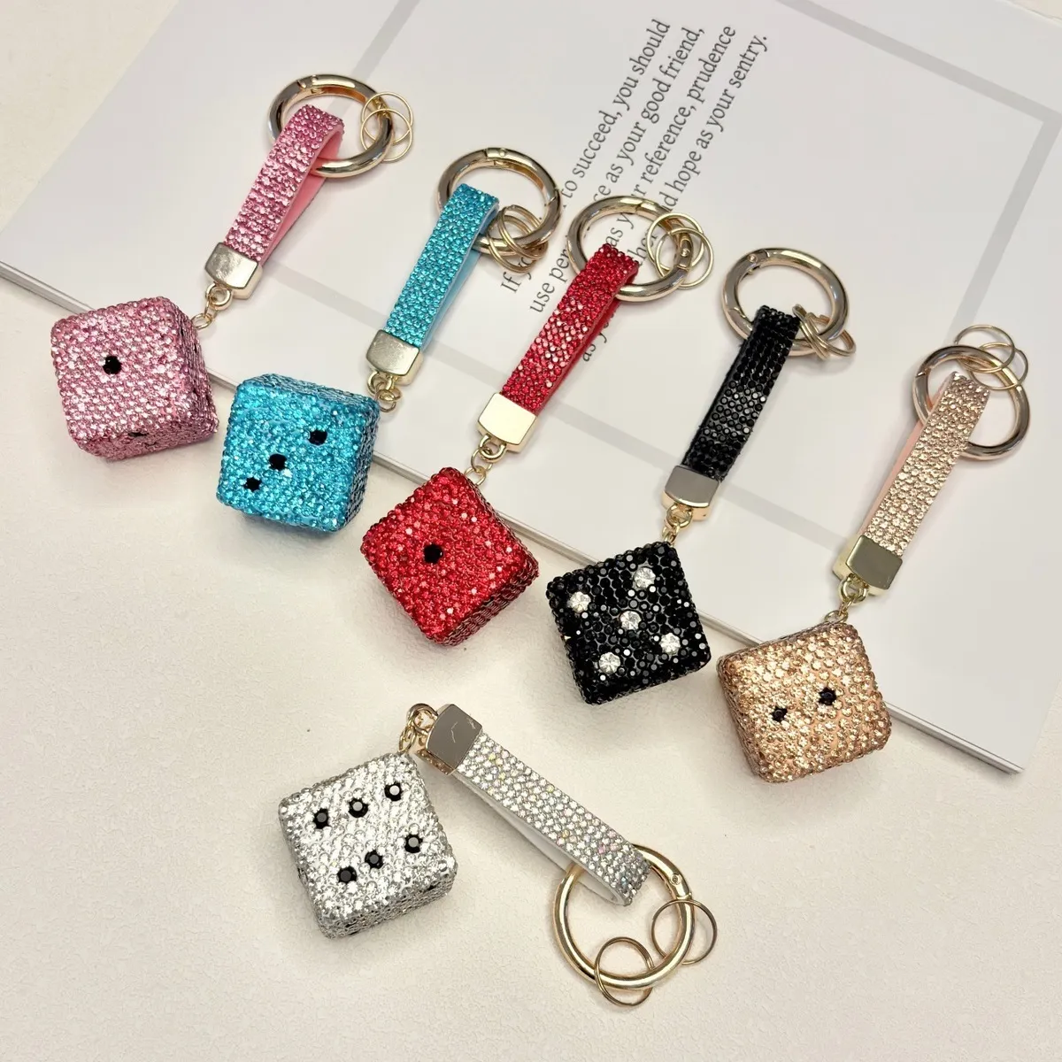 Women Fashion Creative Rhinestone Encrusted Clay Dice Pendant Keychain