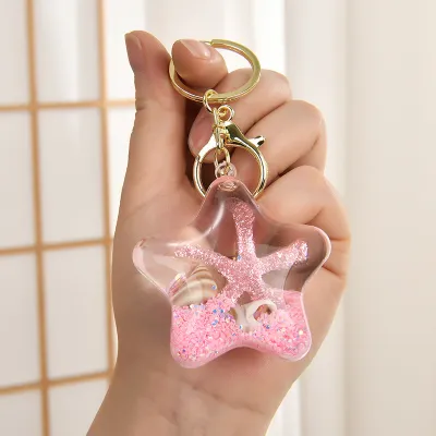 Women Fashion Cute Acrylic Five-Pointed Star Starfish Oil-In Quicksand Bottle Keychain
