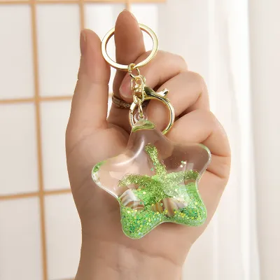 Women Fashion Cute Acrylic Five-Pointed Star Starfish Oil-In Quicksand Bottle Keychain
