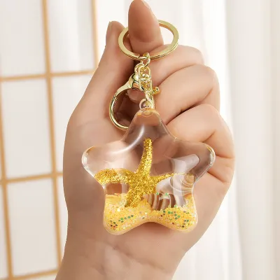 Women Fashion Cute Acrylic Five-Pointed Star Starfish Oil-In Quicksand Bottle Keychain