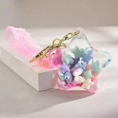 Women Fashion Cute Acrylic Five-Pointed Star Starfish Oil-In Quicksand Bottle Keychain
