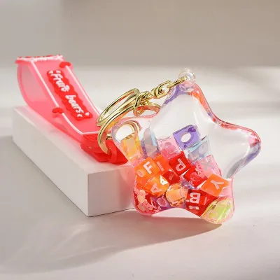 Women Fashion Cute Acrylic Five-Pointed Star Starfish Oil-In Quicksand Bottle Keychain