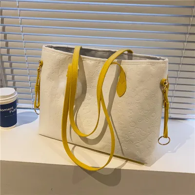 Women Fashion Casual Solid Color Large Capacity Soft Leather Embossed Tote Bag