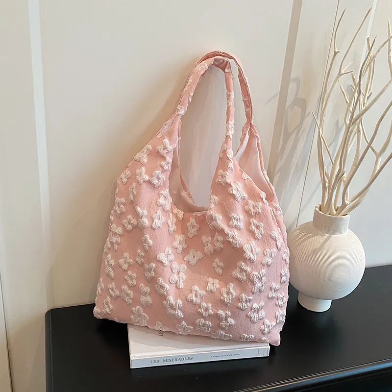 Women Fashion Casual Solid Color Jacquard Canvas Tote Bag