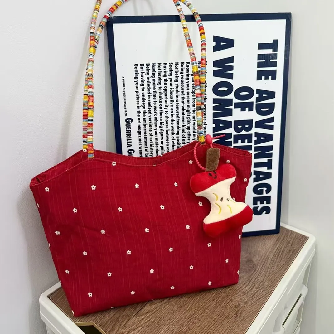 Women Fashion Casual Red Apple Pendant Large Capacity Canvas Tote Bag
