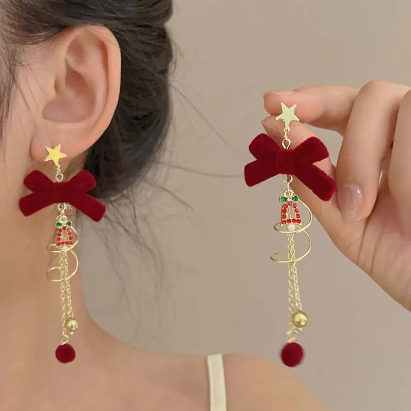 Christmas Women Fashion Velvet Bow Snowflake Asymmetrical Bell Tassel Earrings