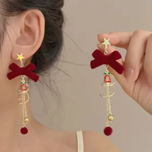 Christmas Women Fashion Velvet Bow Snowflake Asymmetrical Bell Tassel Earrings