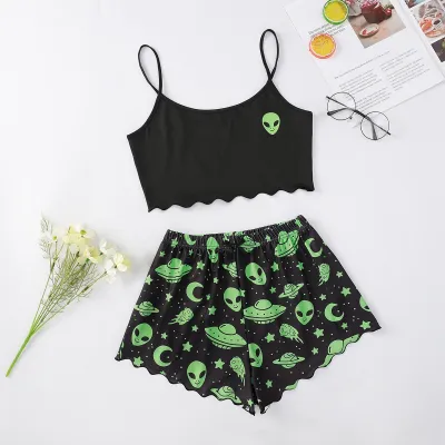 Halloween Women Fashion Pumpkin-Print Sleeveless Camisole Loose Shorts Pajamas Two-Piece Set