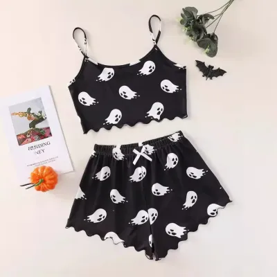 Halloween Women Fashion Pumpkin-Print Sleeveless Camisole Loose Shorts Pajamas Two-Piece Set