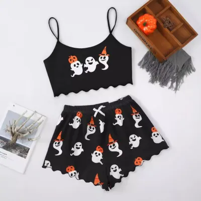 Halloween Women Fashion Pumpkin-Print Sleeveless Camisole Loose Shorts Pajamas Two-Piece Set