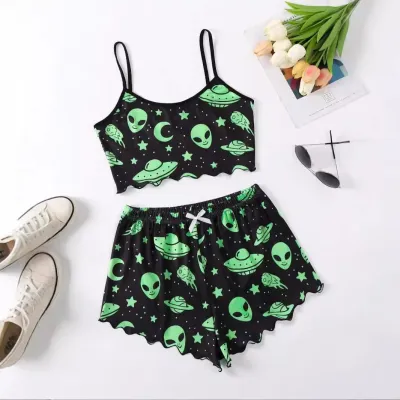 Halloween Women Fashion Pumpkin-Print Sleeveless Camisole Loose Shorts Pajamas Two-Piece Set