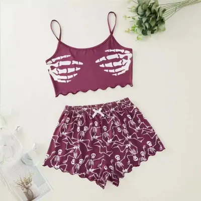 Halloween Women Fashion Casual Summer Pumpkin Print Sleeveless Camisole Loose Shorts Pajamas Two-Piece Set