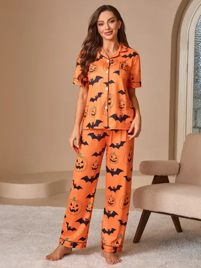 Halloween Women Fashion Casual Print Lapel Short-Sleeve Cardigan Loose Pants Pajamas Two-Piece Set
