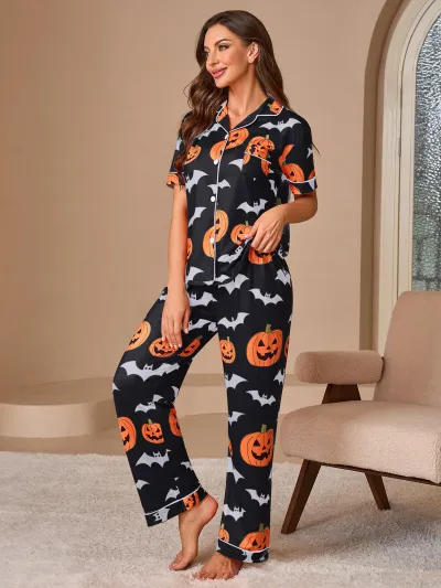 Halloween Women Fashion Casual Print Lapel Short-Sleeve Cardigan Loose Pants Pajamas Two-Piece Set