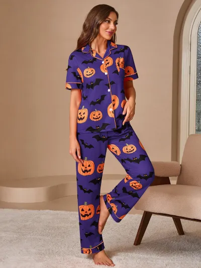 Halloween Women Fashion Casual Print Lapel Short-Sleeve Cardigan Loose Pants Pajamas Two-Piece Set