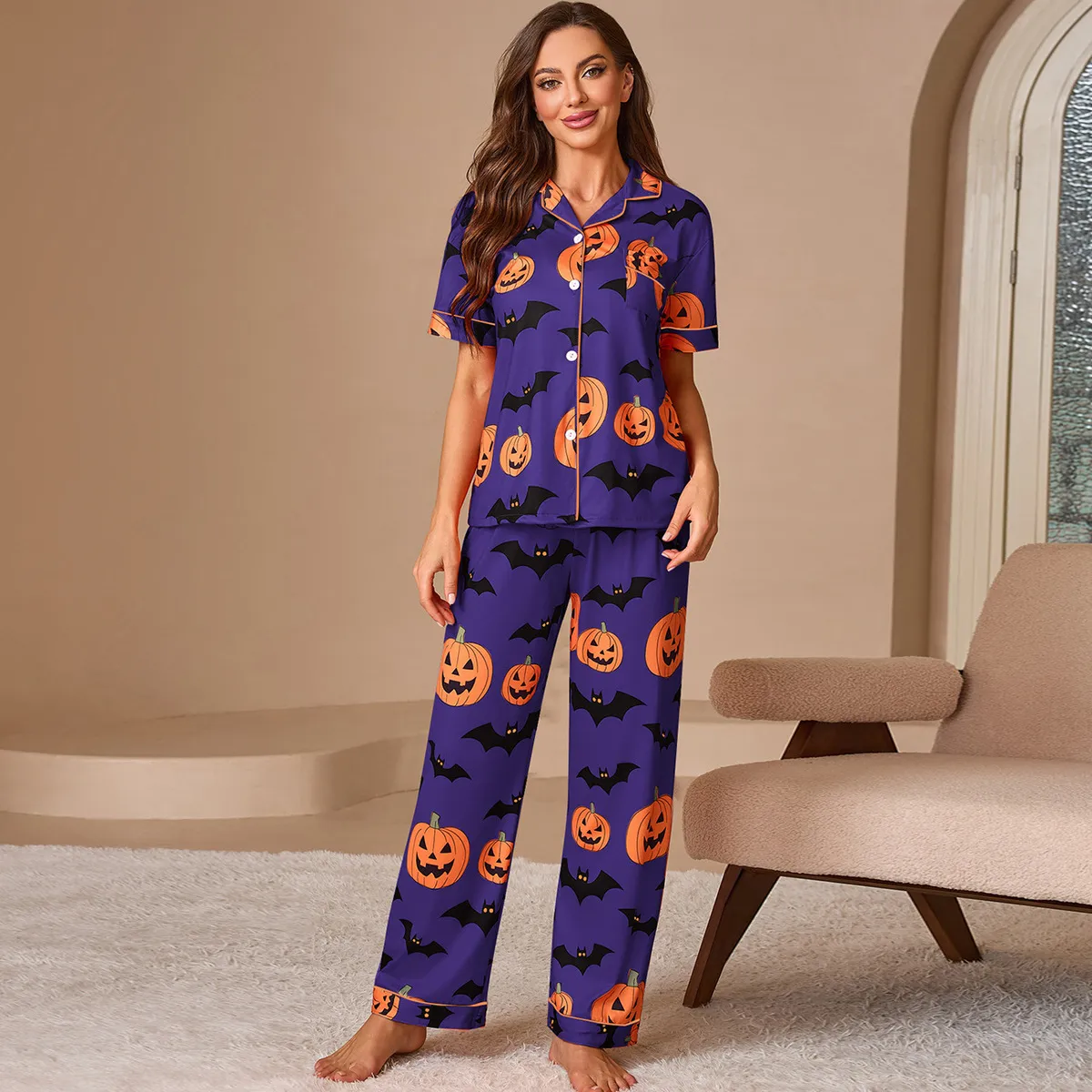 Halloween Women Fashion Casual Print Lapel Short-Sleeve Cardigan Loose Pants Pajamas Two-Piece Set