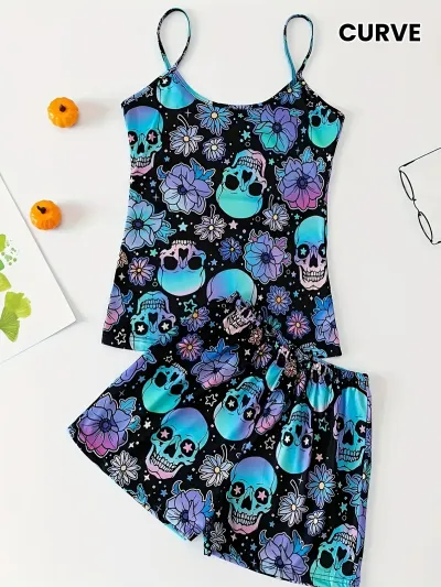 Halloween Women Fashion Casual Summer Skull Printed Camisole Loose Shorts Pajamas Two-Piece Set