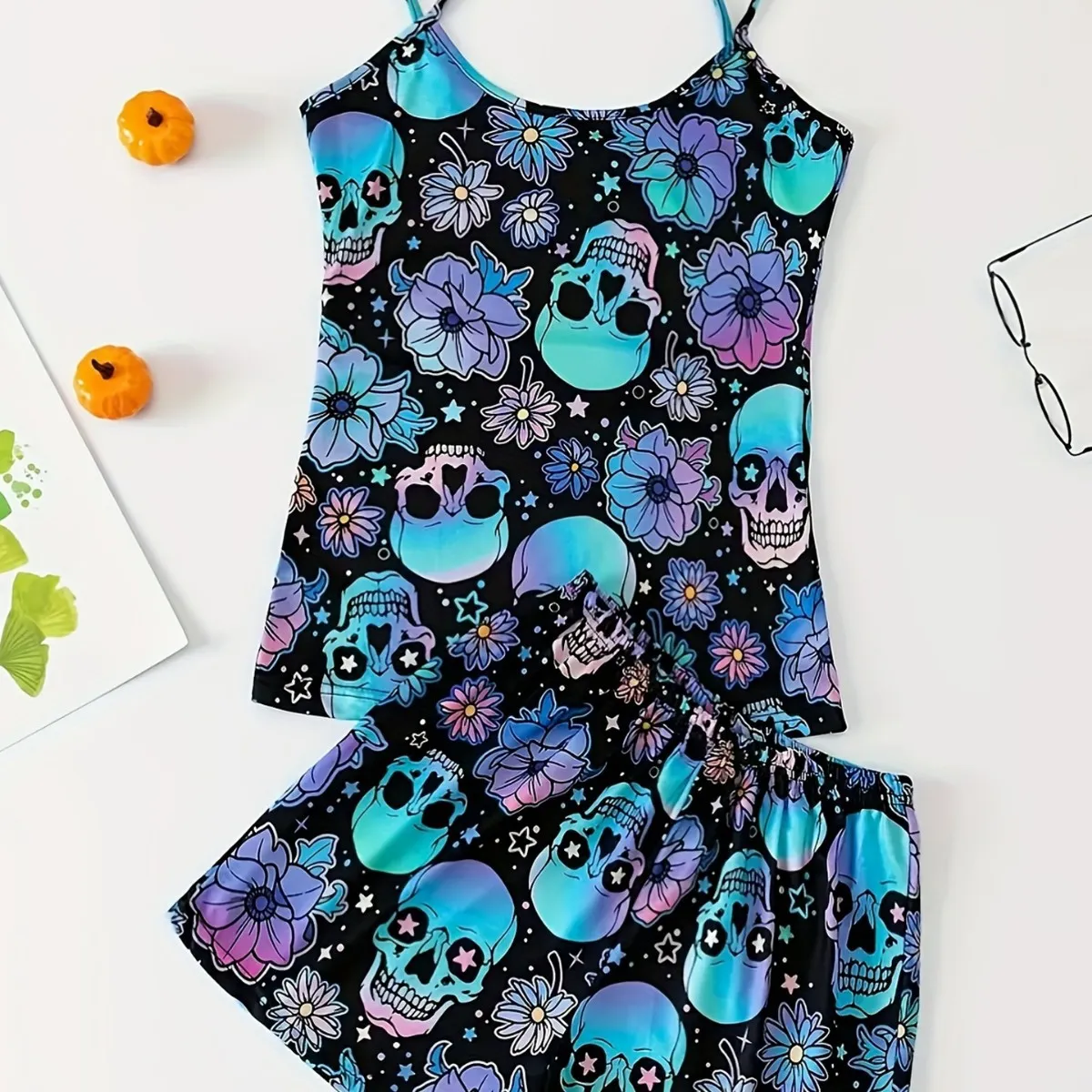 Halloween Women Fashion Casual Summer Skull Printed Camisole Loose Shorts Pajamas Two-Piece Set