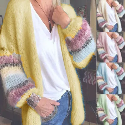 Sweater Stripe Color Contrast Mohair Cardigan Autumn Winter Knitted Coat Women'S Cardigan