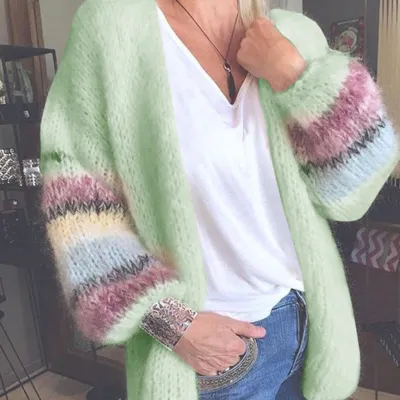Sweater Stripe Color Contrast Mohair Cardigan Autumn Winter Knitted Coat Women'S Cardigan