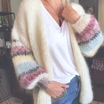 Sweater Stripe Color Contrast Mohair Cardigan Autumn Winter Knitted Coat Women'S Cardigan