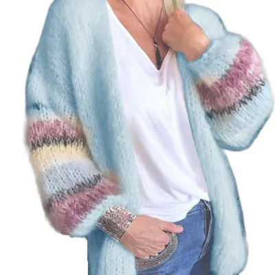 Sweater Stripe Color Contrast Mohair Cardigan Autumn Winter Knitted Coat Women'S Cardigan