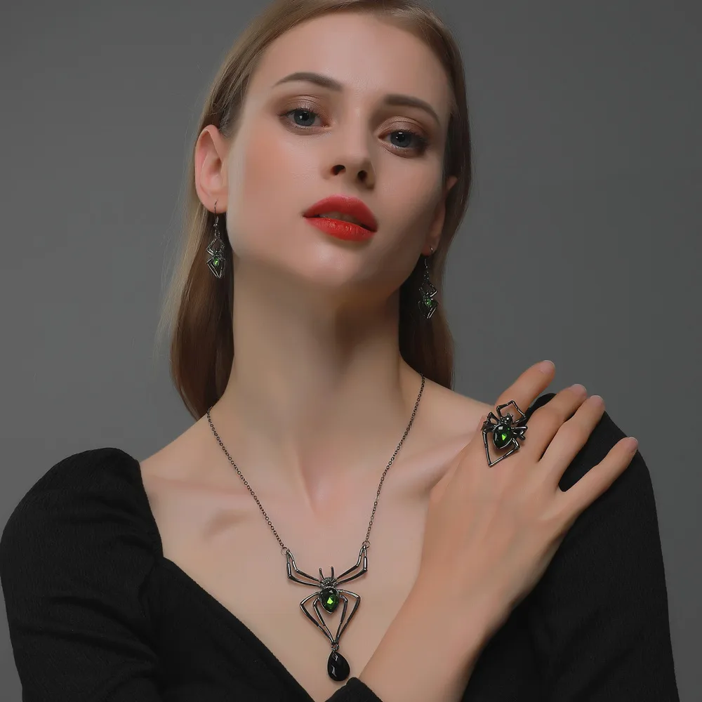 Halloween Women Fashion Exaggerated Spider Necklace Earrings Ring Set