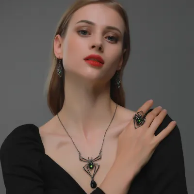 Halloween Women Fashion Exaggerated Spider Necklace Earrings Ring Set