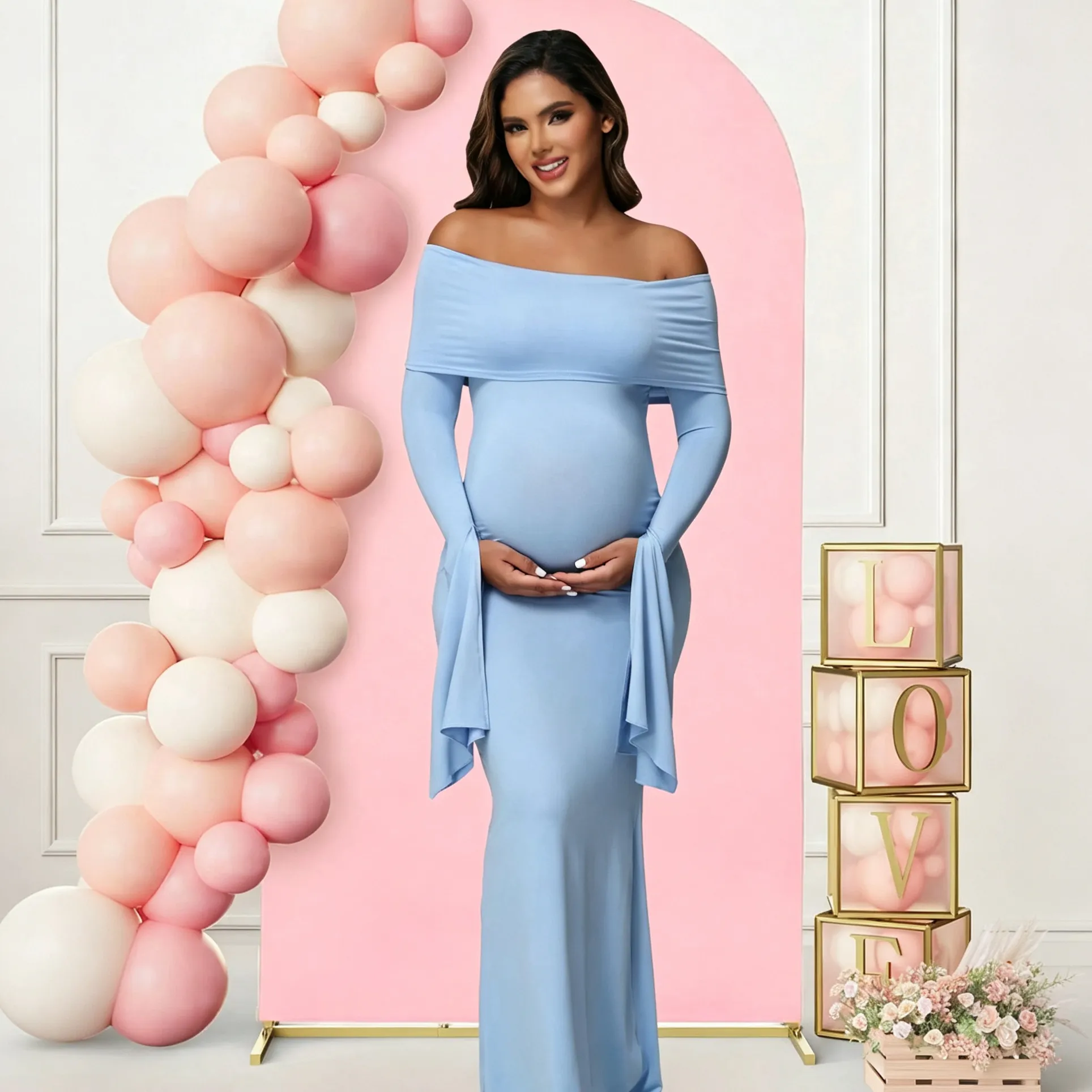 Pregnant Women Fashion Solid Color Off-Shoulder Trumpet Sleeve Slim-Fit Split Dress