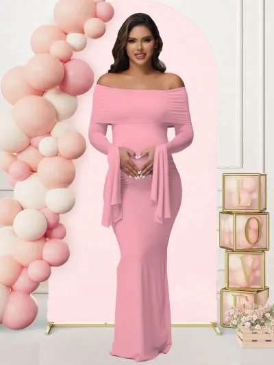 Pregnant Women Fashion Solid Color Off-Shoulder Trumpet Sleeve Slim-Fit Split Dress