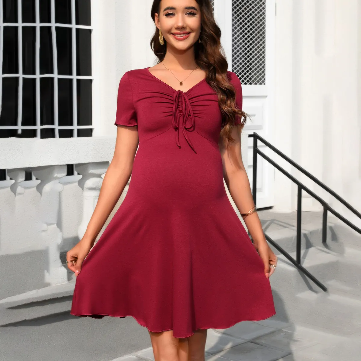 Pregnant Women'S Fashion Solid Color V-Neck Short Sleeve Drawstring Large Swing Dress