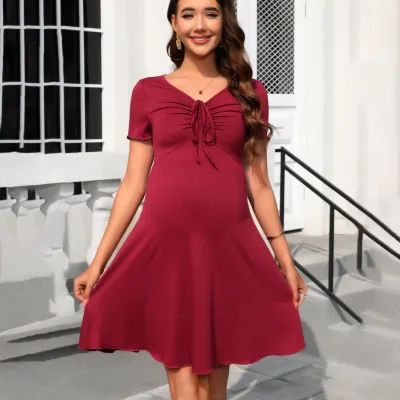Pregnant Women'S Fashion Solid Color V-Neck Short Sleeve Drawstring Large Swing Dress