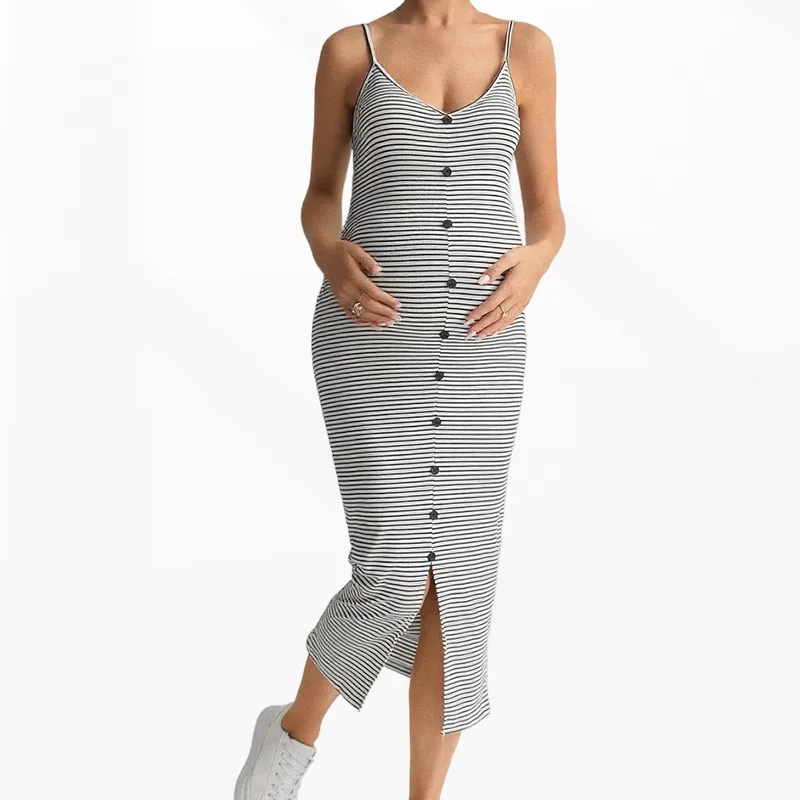 Pregnant Women'S Fashion Stripe V-Neck Spaghetti Strap Backless Split Dress