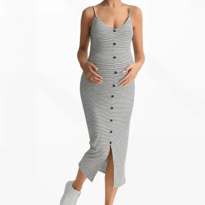 Pregnant Women'S Fashion Stripe V-Neck Spaghetti Strap Backless Split Dress