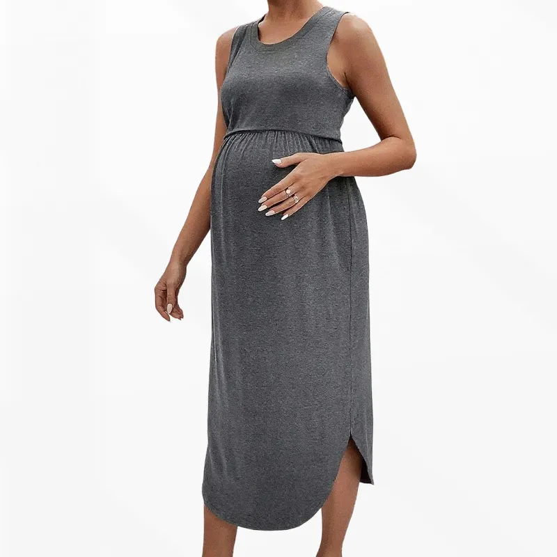 Pregnant Women'S Fashion Casual Summer Solid Color Sleeveless Round Neck Loose Dress
