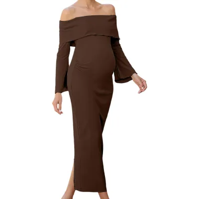 Pregnant Women Fashion Sexy Solid Color Off-Shoulder Long-Sleeve Slim-Fit Dress