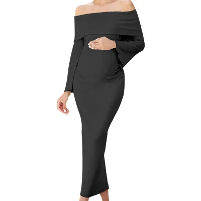 Pregnant Women Fashion Sexy Solid Color Off-Shoulder Long-Sleeve Slim-Fit Dress