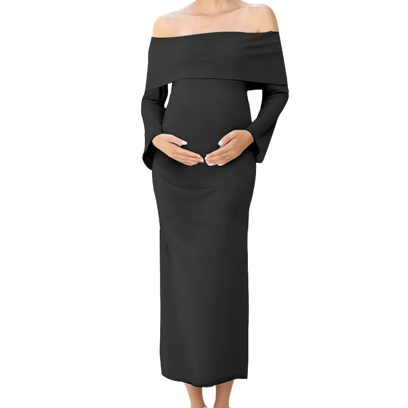 Pregnant Women Fashion Sexy Solid Color Off-Shoulder Long-Sleeve Slim-Fit Dress