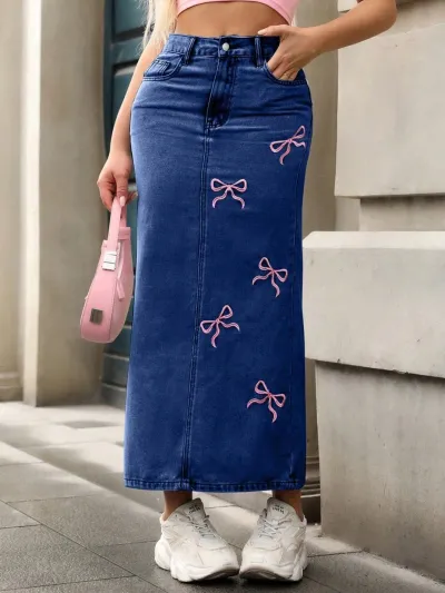 Women Fashion Casual Embroidered Bow Denim Skirt