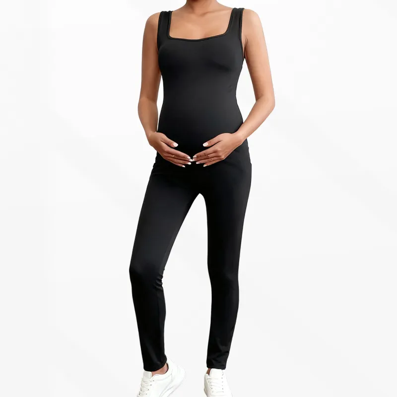 Pregnant Women Fashion Casual Solid Color Sleeveless Tight Jumpsuit