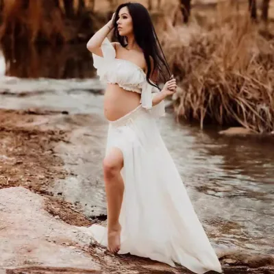 Pregnant Women Fashion Sexy Solid Color Pearl Chiffon Ruffled Off-Shoulder Crop Top Maxi Skirt Set