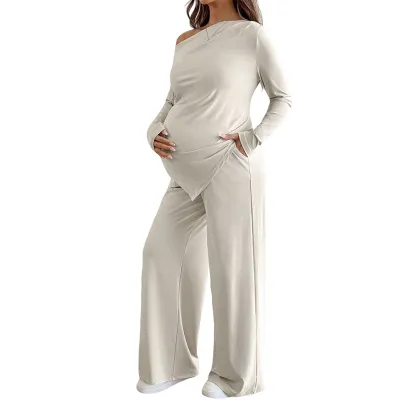 Pregnant Women'S Fashion Casual Autumn Solid Color Off-Shoulder Asymmetric Hem T-Shirt Wide-Leg Pants Two-Piece Set